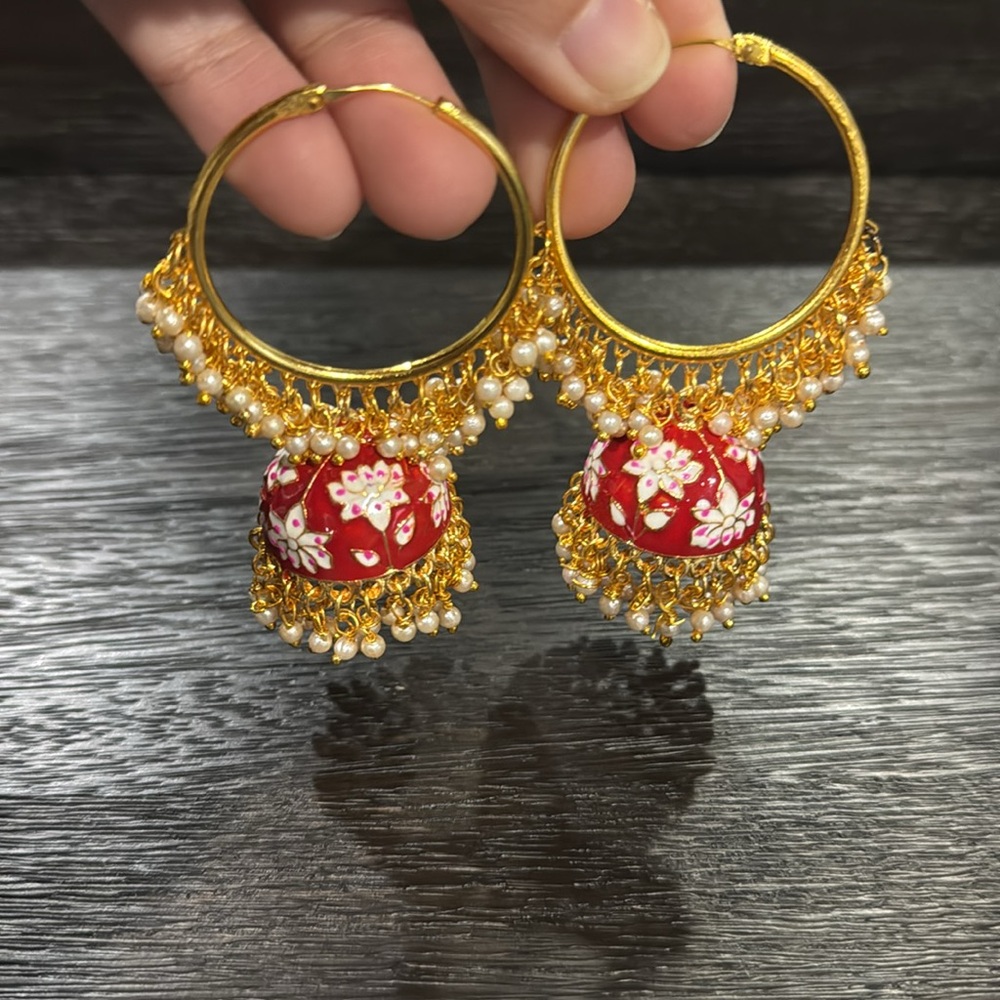 Gold tone Bali earrings with jhumki and red meenakari